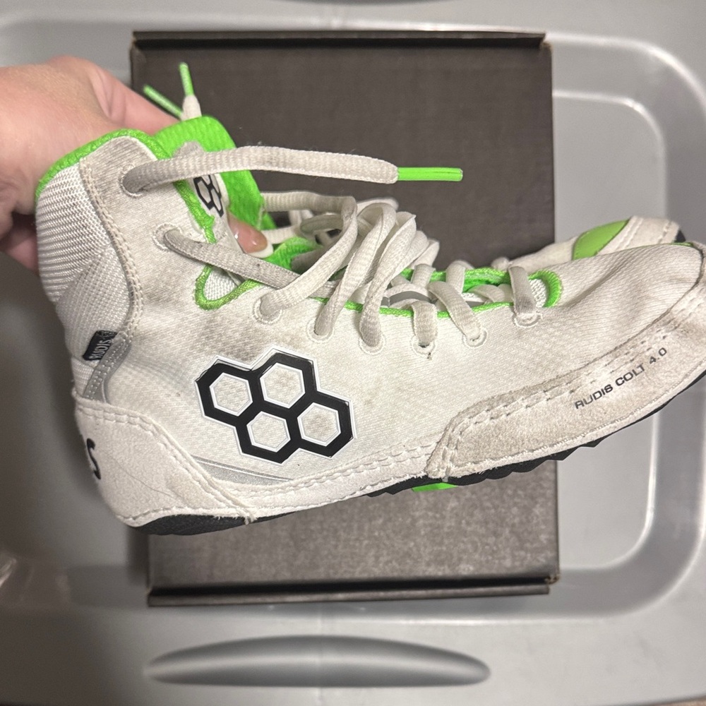 Stylish White and Green Kids Wrestling Shoes. Rudis Brand.